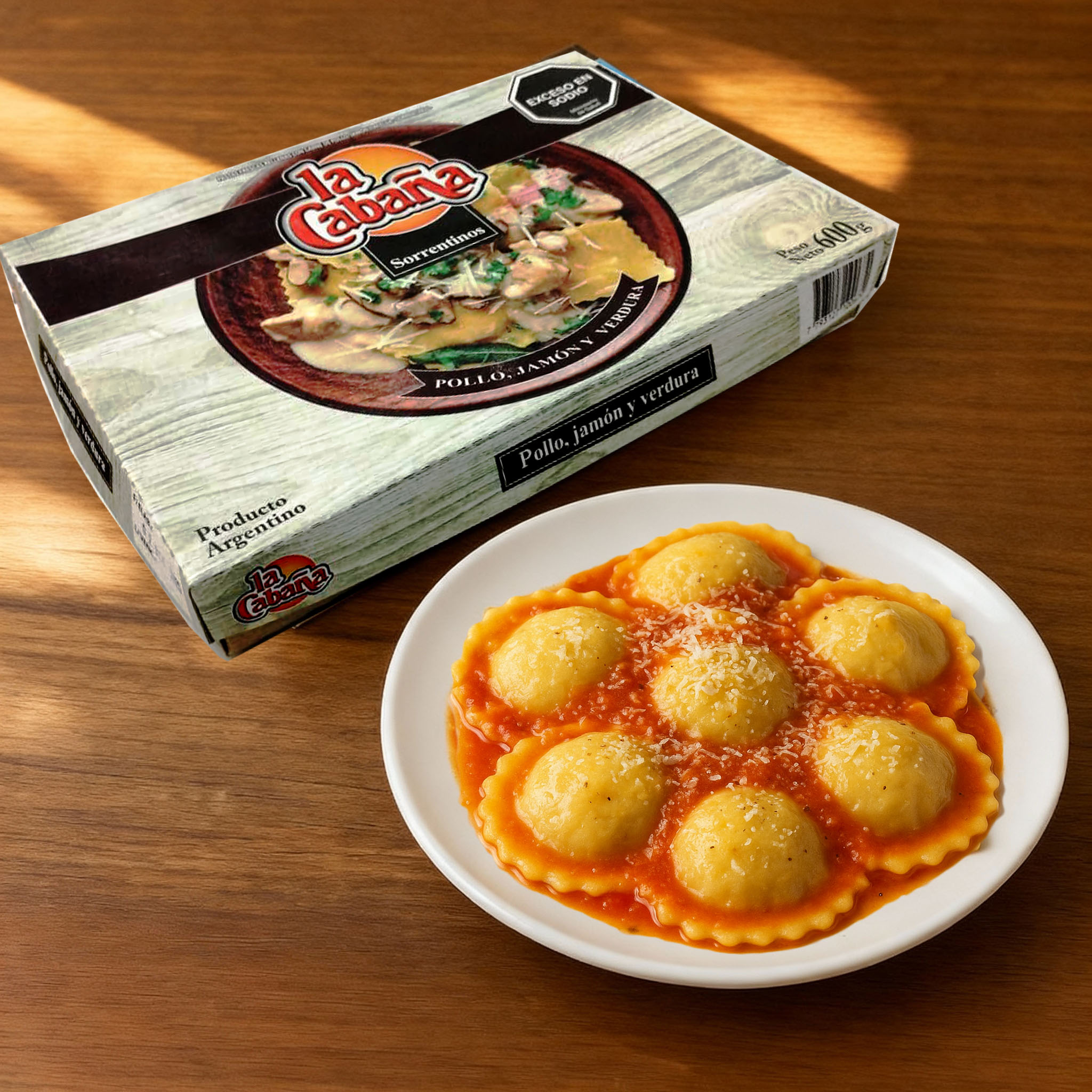 Sorrentinos de pollo, jamón y verduras